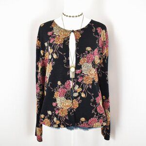 VTG 00s Y2K MSK Black Colorful Gold Floral Single Closure Long Sleeve Cardigan